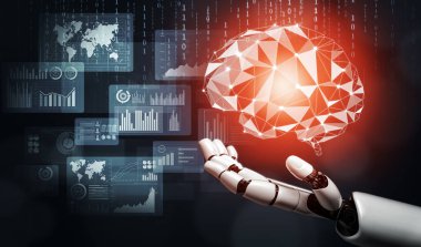 3D Rending Futuristic robot teknolojisi geliştirme, yapay zeka yapay zeka ve makine öğrenme konsepti. Gelecekteki insan hayatı için küresel robot biyonik bilim araştırması. 3B illüstrasyon