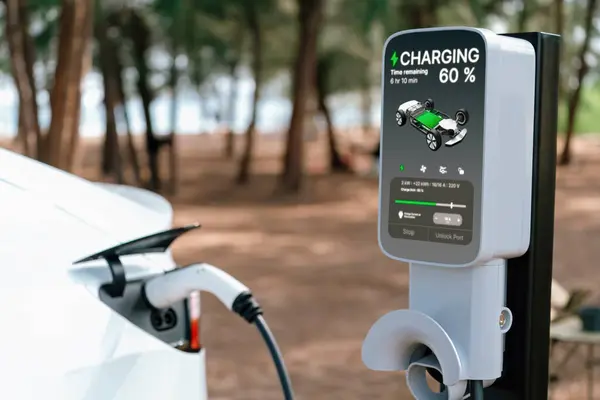 Electric car recharging battery at outdoor EV charging station for road trip or car traveling by the seascape beach, alternative and sustainable energy technology for eco-friendly car. Perpetual