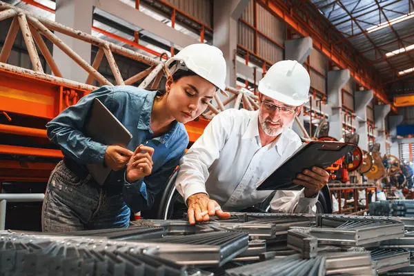 金属制造厂厂长监督重型建筑用金属或钢架的最高质量 钢铁生产检验 确保精品质量 — 图库照片