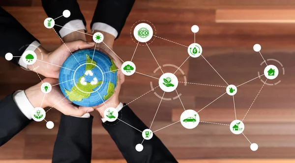 Business partnership holding Earth globe together with recycle icon symbolize ESG sustainable environment and ecosystem protection with eco technology and waste recycling management. Panorama Reliance