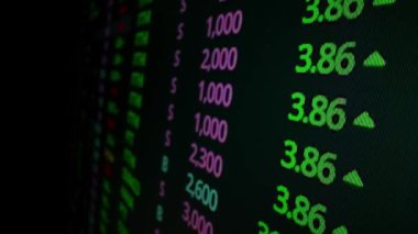 Makro çekim hareketi üzerine borsa kurulu LED ekranı borsa ve finansal verileri gösteriyor. Dinamik borsa endeksi değer artışı ve eğilim yatırımı için düşüş.