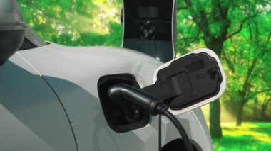 Yeşil Orman 'daki şarj istasyonundan gelen yenilenebilir ve temiz enerjiyle çalışan elektrikli araba çevresel bilincini artırmak için ilerleyen bir kampanya. Gelecekteki otomobiller için EV otomobil.