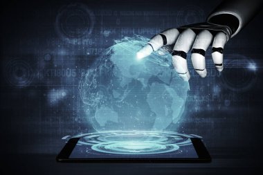 Yaşayan insanların geleceği için robot ve sayborg gelişimi yapay zeka araştırması. Dijital veri madenciliği ve makine öğrenme teknolojisi, bilgisayar iletişimi. 3B illüstrasyon