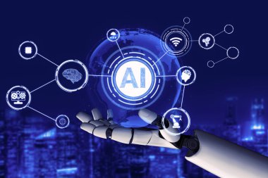 3D Rending Futuristic robot teknolojisi geliştirme, yapay zeka yapay zeka ve makine öğrenme konsepti. Gelecekteki insan hayatı için küresel robot biyonik bilim araştırması. 3B illüstrasyon