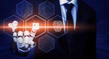 3D Rending Futuristic robot teknolojisi geliştirme, yapay zeka yapay zeka ve makine öğrenme konsepti. Gelecekteki insan hayatı için küresel robot biyonik bilim araştırması. 3B illüstrasyon