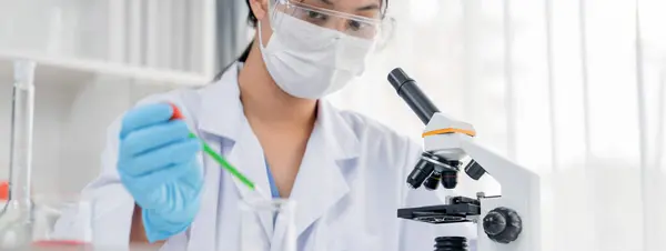 研究室の研究者は ラボチューブで化学液を使用して新しい医薬品または治癒を開発します 実験装置を用いた科学的専門知識を有する医療技術の進歩 パノラマリジッド — ストック写真