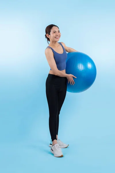Young Attractive Asian Woman Portrait Sportswear Fit Ball Targeting Abs — Stock Photo, Image