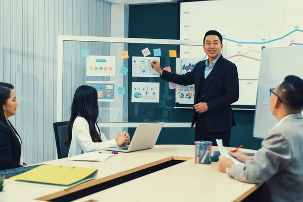 Successful Businessmen Present Financial Projects Glass Whiteboard Confidently Executive Managers — Stock Photo, Image