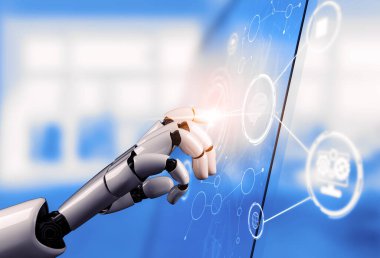 3D Rending Futuristic robot teknolojisi geliştirme, yapay zeka yapay zeka ve makine öğrenme konsepti. Gelecekteki insan hayatı için küresel robot biyonik bilim araştırması. 3B illüstrasyon
