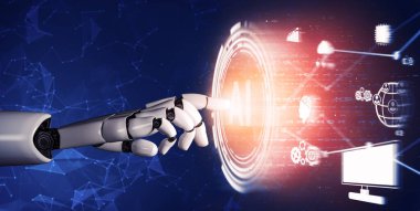3D Rending Futuristic robot teknolojisi geliştirme, yapay zeka yapay zeka ve makine öğrenme konsepti. Gelecekteki insan hayatı için küresel robot biyonik bilim araştırması. 3B illüstrasyon