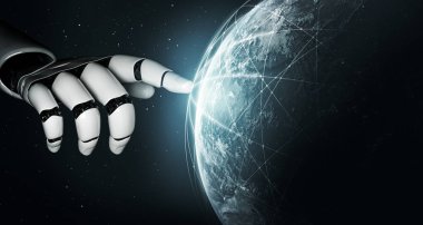 3D Rending Futuristic robot teknolojisi geliştirme, yapay zeka yapay zeka ve makine öğrenme konsepti. Gelecekteki insan hayatı için küresel robot biyonik bilim araştırması. 3B illüstrasyon