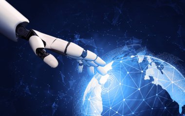 3D Rending Futuristic robot teknolojisi geliştirme, yapay zeka yapay zeka ve makine öğrenme konsepti. Gelecekteki insan hayatı için küresel robot biyonik bilim araştırması. 3B illüstrasyon