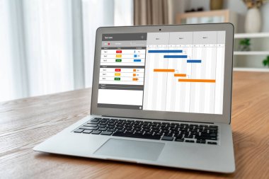 Ekip projesinin zaman çizelgesini gösteren bilgisayar ekranında, modern iş projesi yönetimi için proje planlama yazılımı