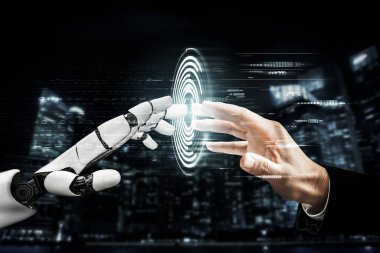 3D Rending Futuristic robot teknolojisi geliştirme, yapay zeka yapay zeka ve makine öğrenme konsepti. Gelecekteki insan hayatı için küresel robot biyonik bilim araştırması. 3B illüstrasyon