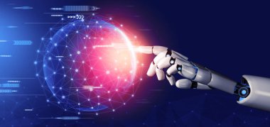 3D Rending Futuristic robot teknolojisi geliştirme, yapay zeka yapay zeka ve makine öğrenme konsepti. Gelecekteki insan hayatı için küresel robot biyonik bilim araştırması. 3B illüstrasyon