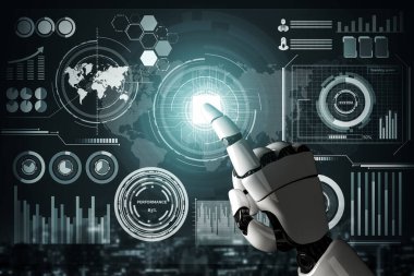 3D Rending Futuristic robot teknolojisi geliştirme, yapay zeka yapay zeka ve makine öğrenme konsepti. Gelecekteki insan hayatı için küresel robot biyonik bilim araştırması. 3B illüstrasyon