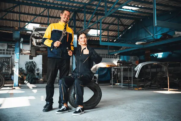 Two Happy Vehicle Mechanic Celebrate High Five Made Successful Car — Stock Photo, Image
