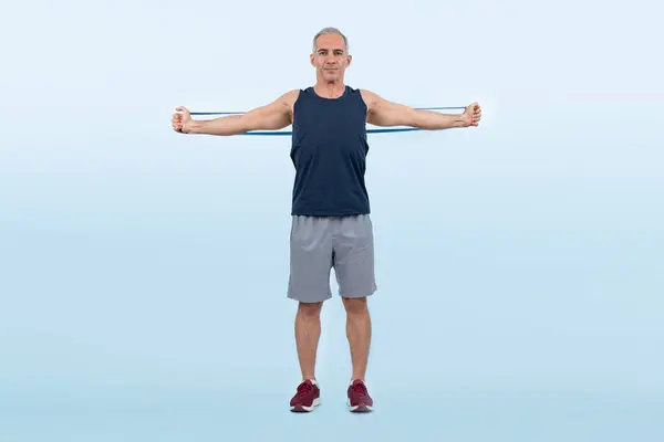 Full Body Length Shot Athletic Sporty Senior Man Fitness Resistance — Stock Photo, Image
