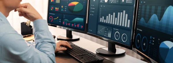 Analyst working on data analysis or BI dashboard on computer monitor. Businessman analyzing financial data by Fintech in corporate office for business marketing and strategy planning. Trailblazing