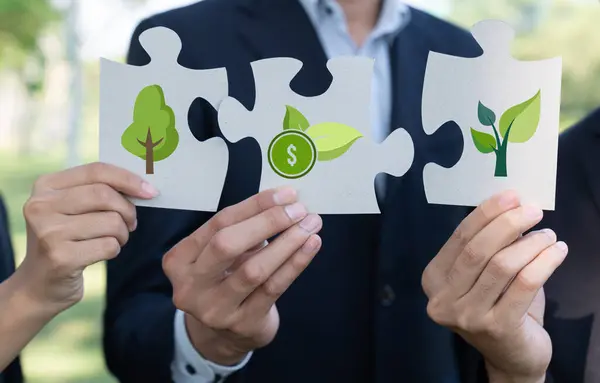 Business People Corporate Partnership Joining Eco Friendly Idea Puzzle Jigsaw — Stock Photo, Image