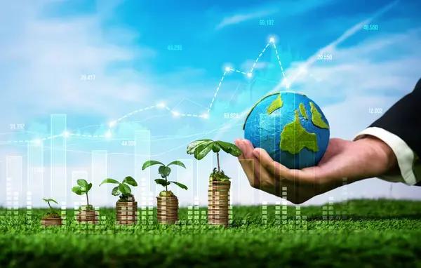 Growing coin stack with businessman holding Earth globe on sky background as ESG investment with sustainable growth potential lead to profitable financial return and environmental protection. Reliance