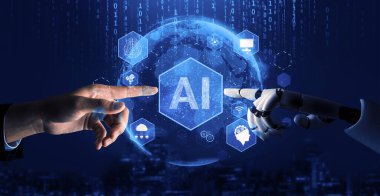 3D Rending Futuristic robot teknolojisi geliştirme, yapay zeka yapay zeka ve makine öğrenme konsepti. Gelecekteki insan hayatı için küresel robot biyonik bilim araştırması. 3B illüstrasyon