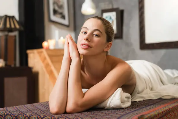 Portrait Beautiful Caucasian Woman White Towel Woman Lies Spa Bed — Stock Photo, Image
