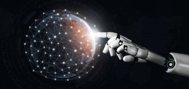 3D Rending Futuristic robot teknolojisi geliştirme, yapay zeka yapay zeka ve makine öğrenme konsepti. Gelecekteki insan hayatı için küresel robot biyonik bilim araştırması. 3B illüstrasyon