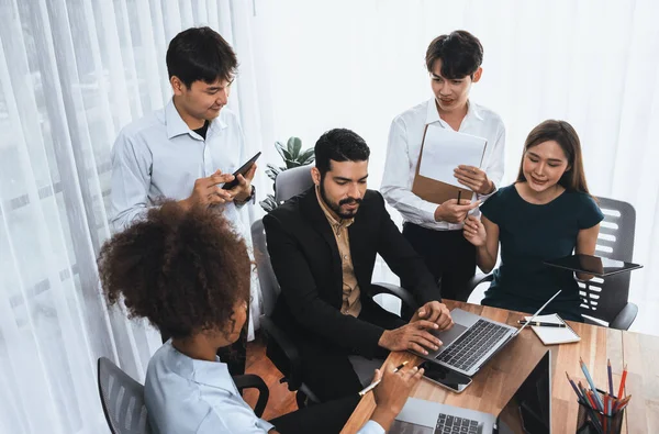 Mutlu iş adamları birlikte çalışır, şirket ofisinde tartışırlar. Profesyonel ve çeşitlilik takım çalışması iş planını bilgisayarda tartışır. Modern çok kültürlü ofis çalışanı. Uyum