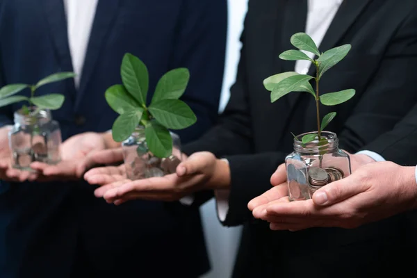 Business people holding money savings jar filled with coins and growing plant for sustainable financial planning for retirement or eco subsidy investment for environment protection. Quaint