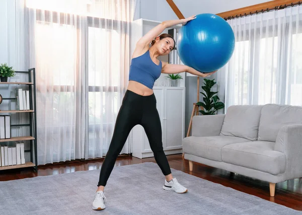 Young Attractive Asian Woman Sportswear Hold Lift Fit Ball Targeting — Stock Photo, Image