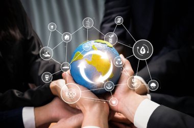 Dünya 'yı çevreci sürdürülebilirlik ikonu ile bir arada tutan iş ortaklığı ESG sürdürülebilir ortamı ve ekosistem korumasını eko teknoloji ve karbon azaltımıyla sembolize eder. Boşluk