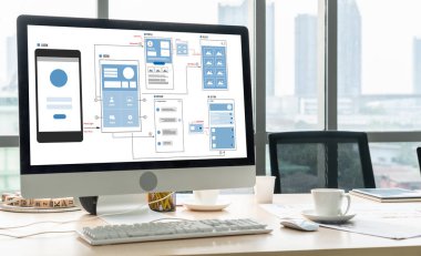 Model mobil uygulama ve web sitesi için UX UI tasarım süreci. Profesyonel uygulama geliştiricisi için kablo grafiğinin yaratıcı prototipi .