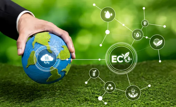 Businessmans Hand Holding Earth Globe Symbolize Corporate Commitment Esg Csr — Stock Photo, Image