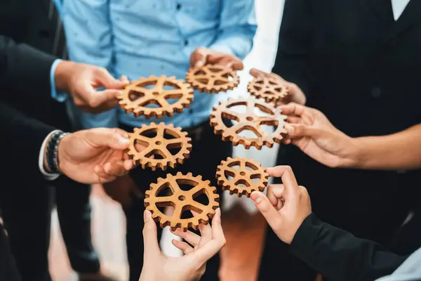 Group Multiracial Business People Joining Gear Wheels Together Effective Unity — Stock Photo, Image