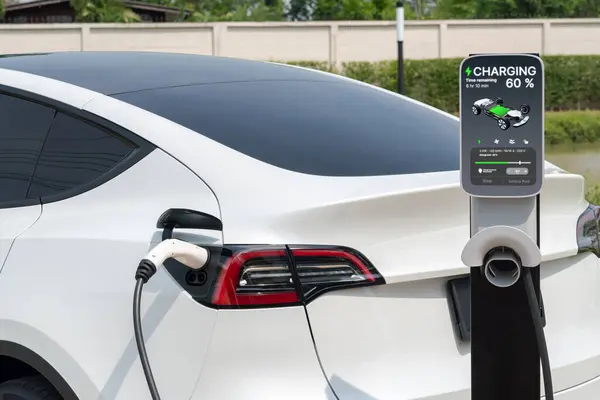Batterie Recharge Voiture Électrique Parking Dans Parc Vert Ville Technologie — Photo