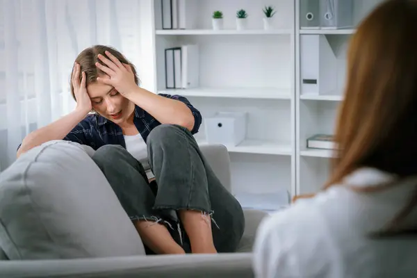 Sad Ptsd Woman Patient Utmost Therapy Mental Health Psychologist Depression — Stock Photo, Image