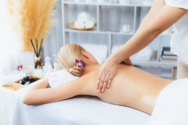 Kafkasyalı kadın müşteri stres önleyici spa masajının keyfini çıkarıyor ve lüks otel ya da oteldeki gündüz açık ortam güzellik salonunda güzellik teniyle eğleniyor. Sessiz.
