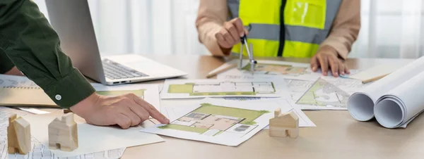 Skilled Engineer Uses Divider Measure Blueprint While Architect Pointing Mistake — Stock Photo, Image