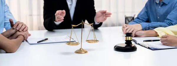 Focused Gavel Hammer Balance Scale Justice Blurred Background Lawyer Acting — Stock Photo, Image