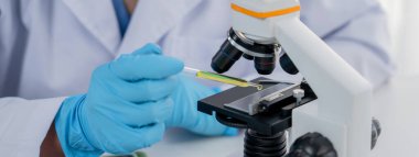 Laboratuvar araştırmacısı mikroskop kullanarak yeni ilaç ya da tedavi geliştirir. Laboratuvar mikrobiyoloji ekipmanları ile bilimsel uzmanlık ile sağlık hizmetlerinin teknolojik gelişimi. Panorama Katı