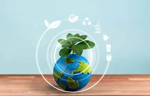Eco world and green Earth day concept, Earth globe with young tree planted on top and eco-friendly design icon symbolize environmental protection and clean technology for sustainable future. Reliance