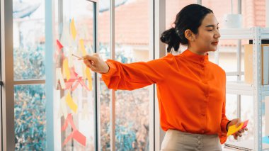 İş adamları ofisteki proje planlama kurulunda çalışıyor ve proje gelişimini analiz etmek için iş arkadaşlarıyla sohbet ediyorlar. Düzenli olması için cama yapıştırılmış yapışkan notlar kullanıyorlar. Jivy