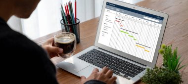 Ekip projesinin zaman çizelgesini gösteren bilgisayar ekranında, modern iş projesi yönetimi için proje planlama yazılımı