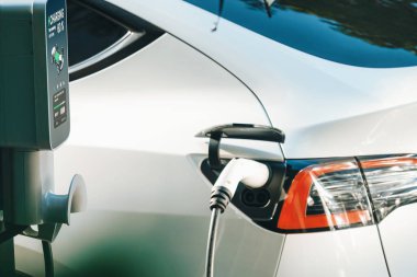 Yazın yeşil sürdürülebilir şehir bahçesinde elektrikli araba şarj oluyor. Kentsel sürdürülebilirlik yaşam tarzı yeşil temiz yeniden şarj edilebilir enerji elektrikli BEV araç iç organları