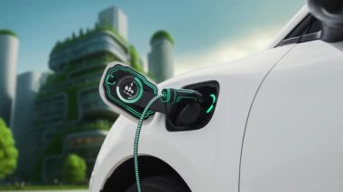 EV otomobili, elektrik yükleme istasyonuna bağlanarak yeşil parktaki EV şarj cihazının pil durumu hologramını şehrin gelecekteki ekolojik yaşam biçimi ve temiz enerjinin kullanımı olarak gösteriyor. İnceleyin