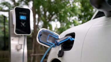 Doğal yeşil araba parkındaki ekolojik temiz enerji şarj istasyonundan gelen fütürist akıllı EV şarj aletinin şarj ettiği elektrikli araba. Alternatif enerji kullanan gelecekçi çevre dostu elektrikli araba. İnceleyin