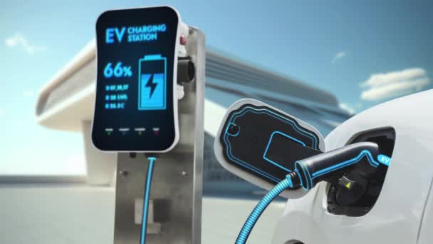 Elektromos Autó Feltöltés Intelligens Töltőállomásról Modern Futurisztikus Épületháttérrel Újratölthető Elektromos — Stock videók