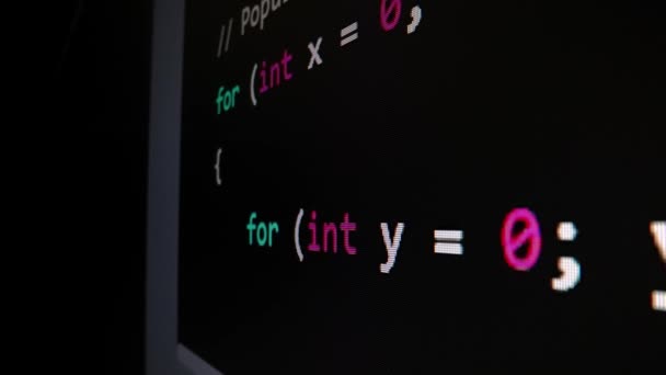 Gerakan Close Macro Shot Dari Script Coding Bergerak Melintasi Layar — Stok Video