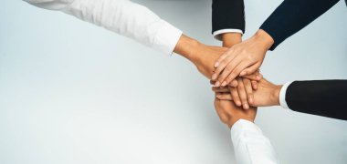 Analist ekip, başarılı iş stratejisi ve pazarlama planından sonra el ele verdi. Takım çalışması arkadaşları ve birlik işbirliği el ele vererek ofiste. Panoramik çekim. hatiplik